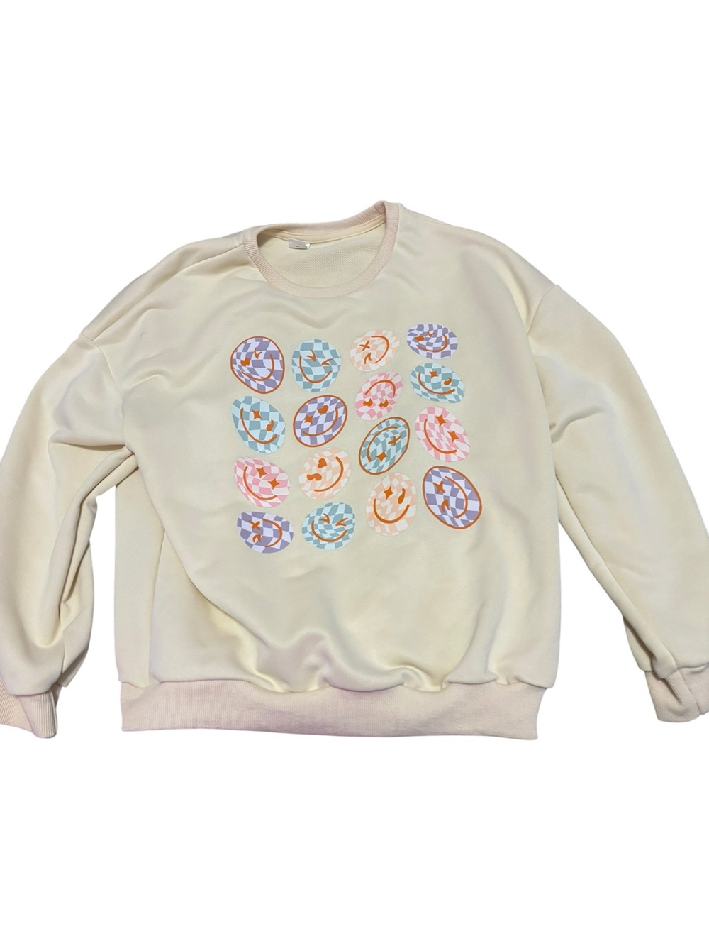 SHEIN Cream Crewneck Sweatshirt with Pastel Smile and Checker Motifs